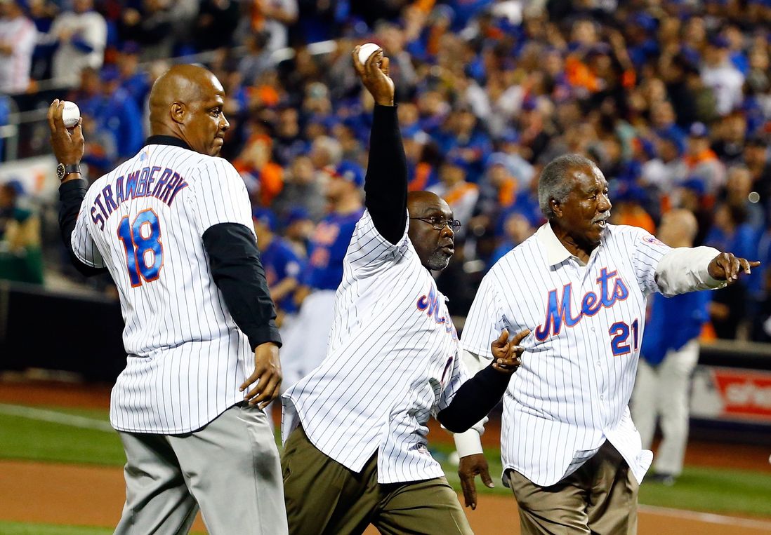 New York Mets former players Darryl Strawberry, Mookie Wilson, and Cleon Jones throw out the ceremonial first pitch. MOOKIE!!!!!<br/>